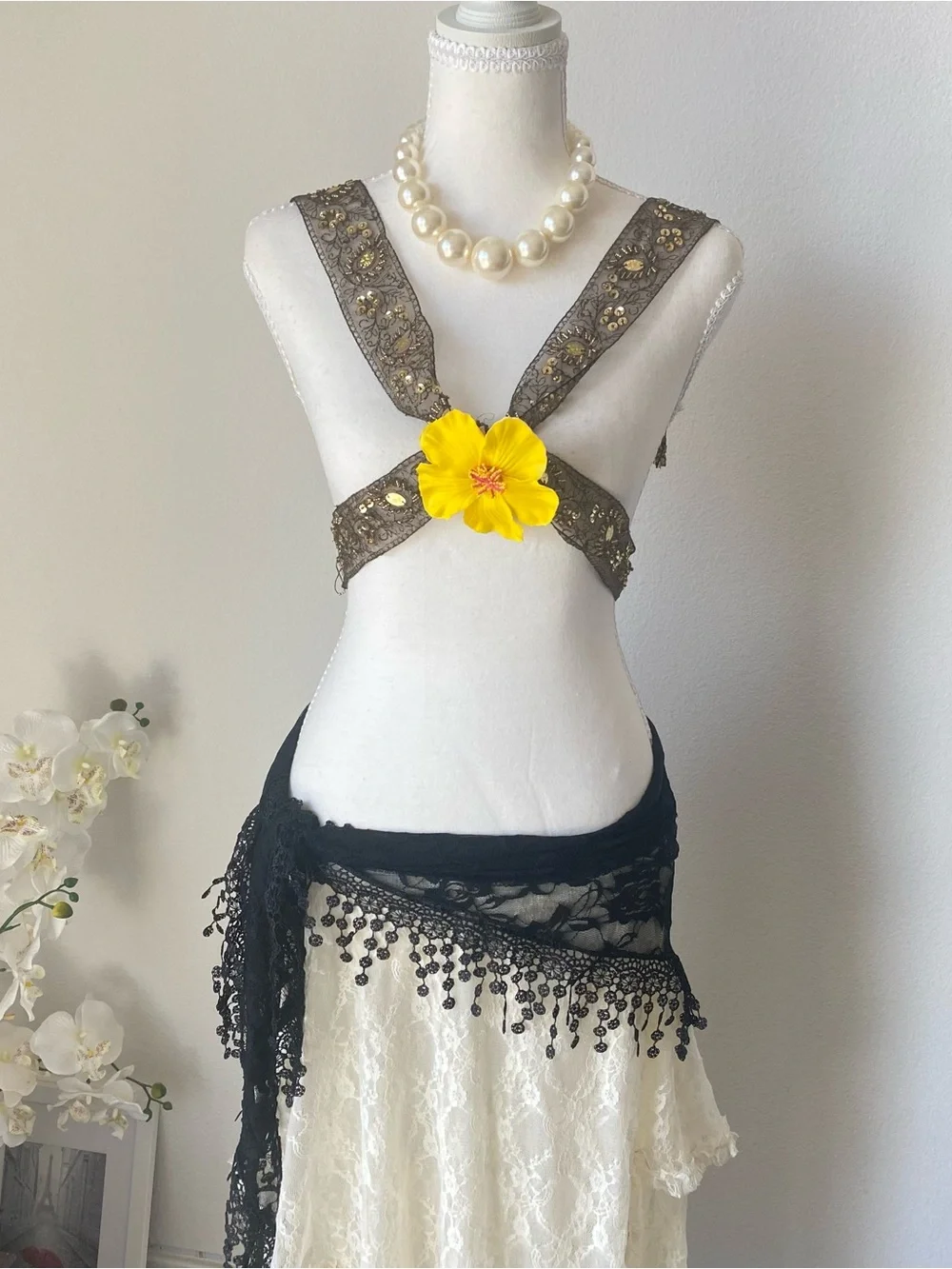 Black Lace Triangle Scarf with Beaded Fringe